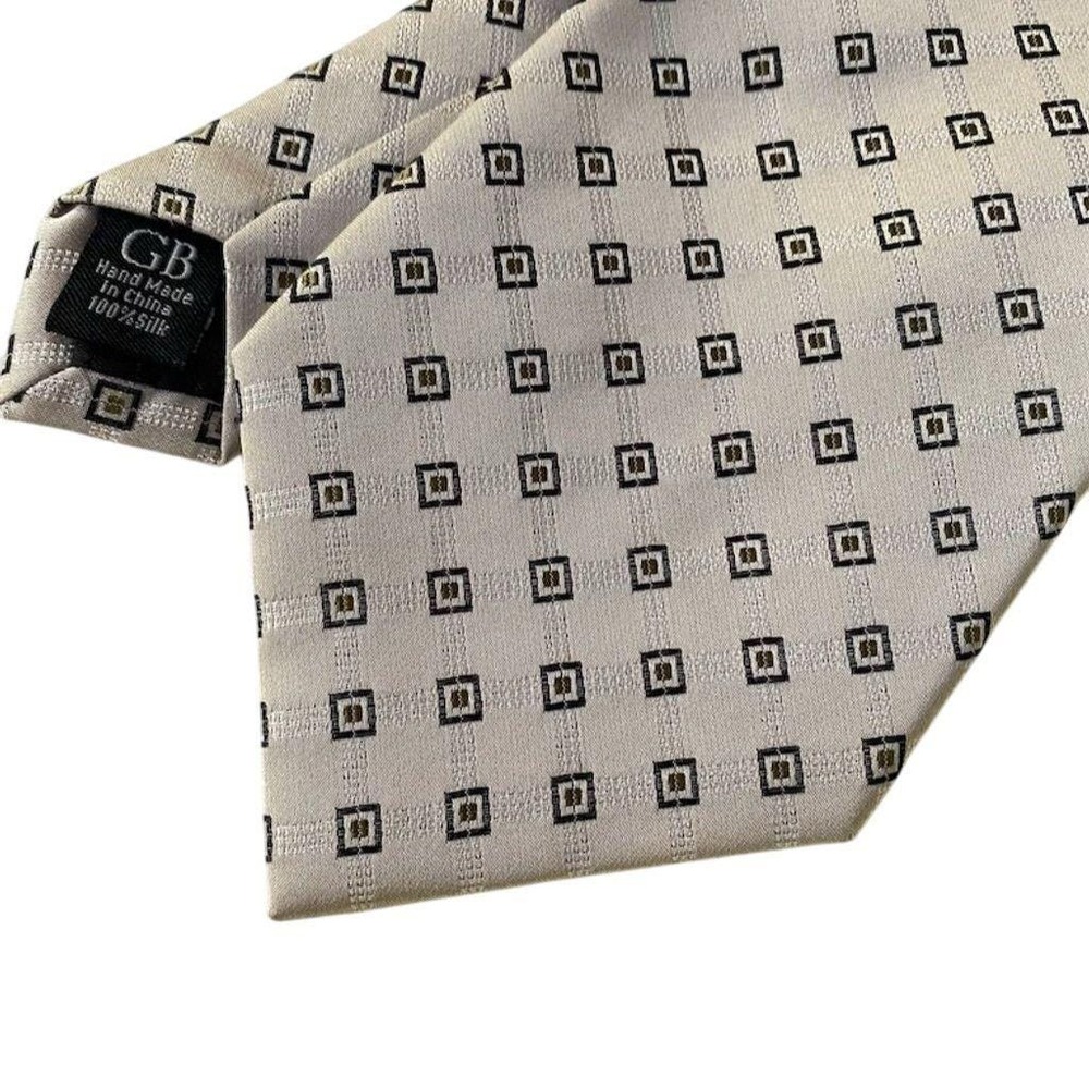 VTG Tan & Black Geoffrey Beene Men's Silk Necktie Geometric Pattern Vintage-NICE
